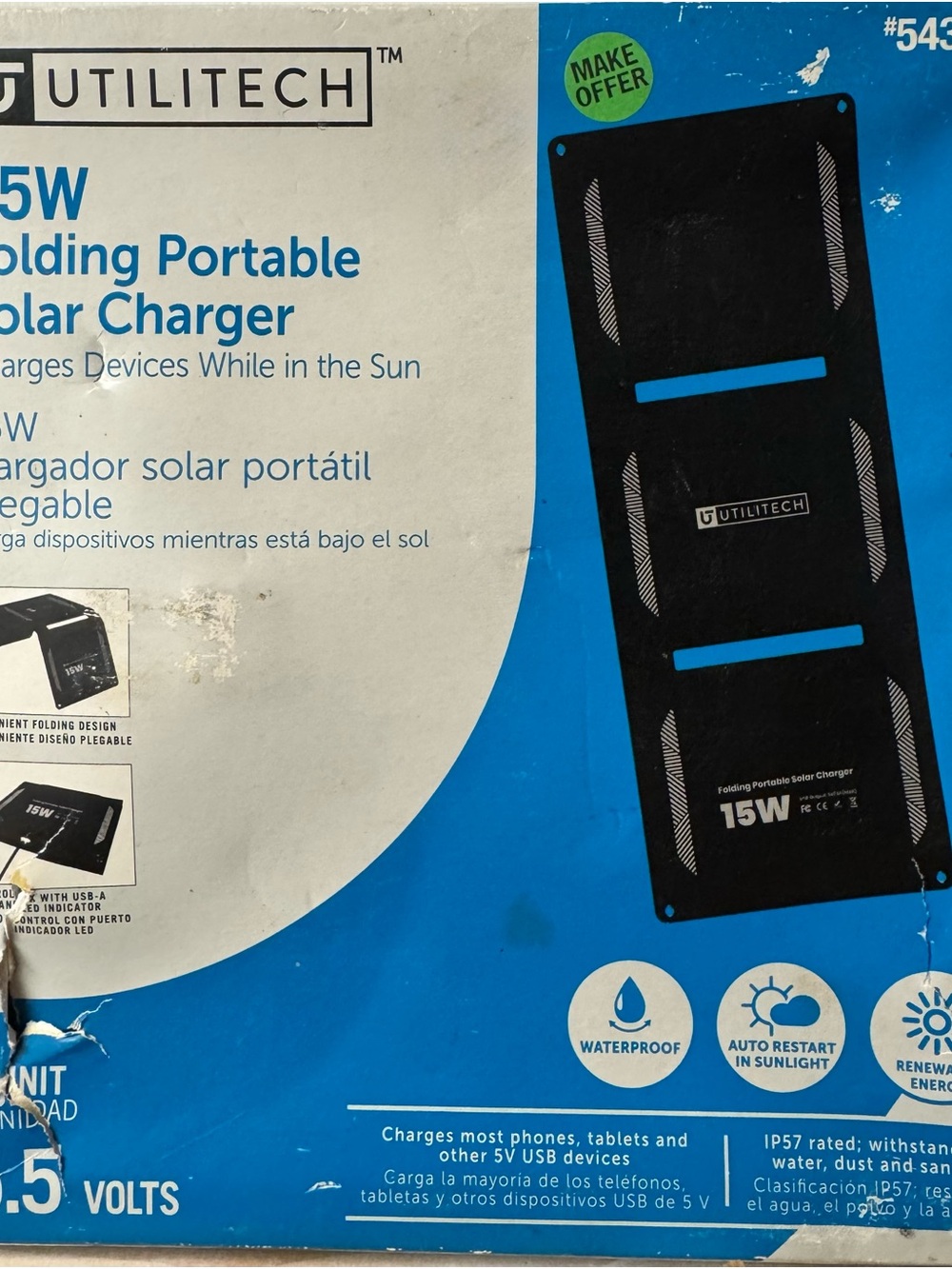 15W Folding Portable Solar Charger - Black